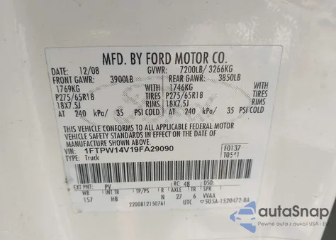 2009 Ford F-150 Lariat из США, поврежденный, VIN 1FTPW14V19FA29090